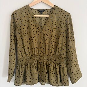 Banana Republic Smocked Peplum Blouse Olive Green Black Dot Small